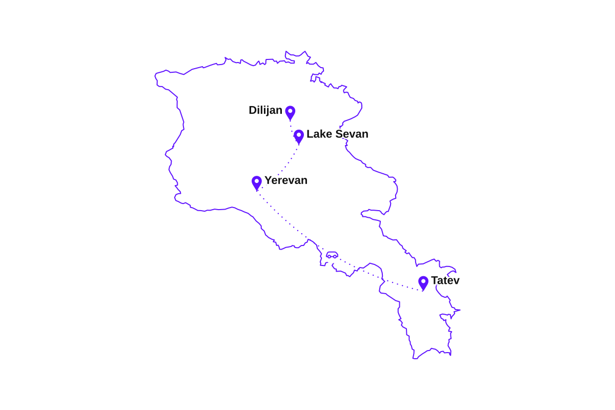 Map of my Armenia route: Yerevan, Lake Sevan, Dilijan, and Tatev.