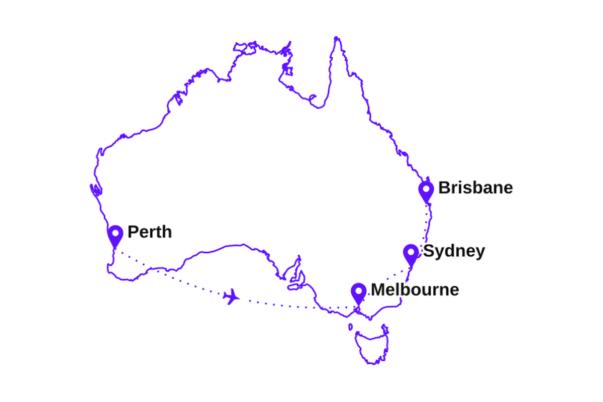 Map of my three-week Australia route: Perth, Melbourne, Sydney, and Brisbane.