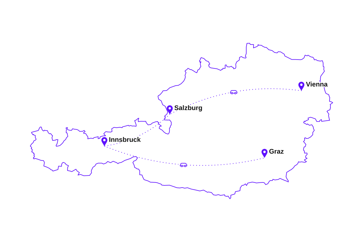 Map of my Austria route: Vienna, Salzburg, Innsbruck, and Graz.