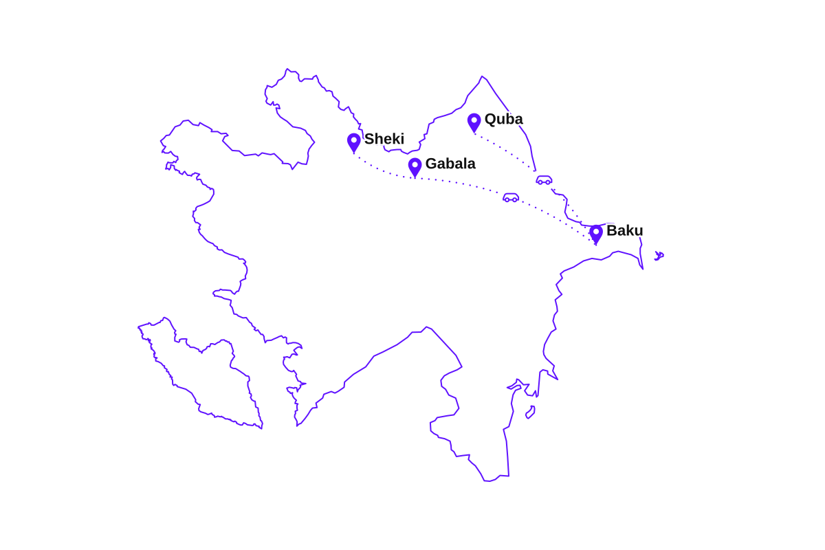 Map of my Azerbaijan route: Baku, Sheki, Gabala, and Quba.