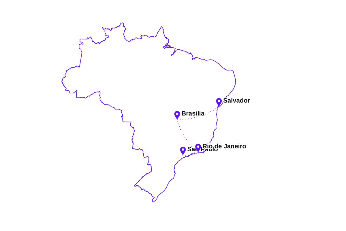Map of my Brazil route: Sao Paulo, Rio de Janeiro, Brasilia, and Salvador.