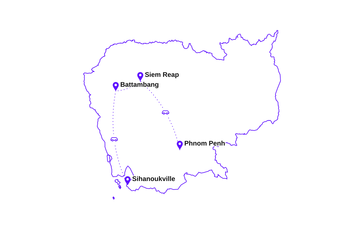 Map of my two-week Cambodia route: Phnom Penh, Siem Reap, Battambang, and Sihanoukville.