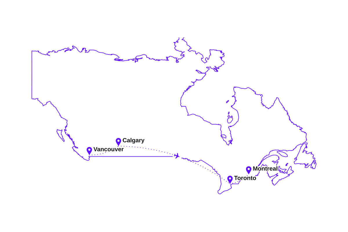 Map of my three-week Canada route: Vancouver, Calgary, Toronto, and Montreal.