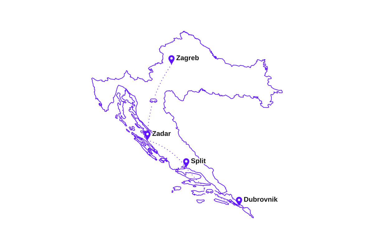 Map of my two-week Croatia route: Zagreb, Zadar, Split, and Dubrovnik.