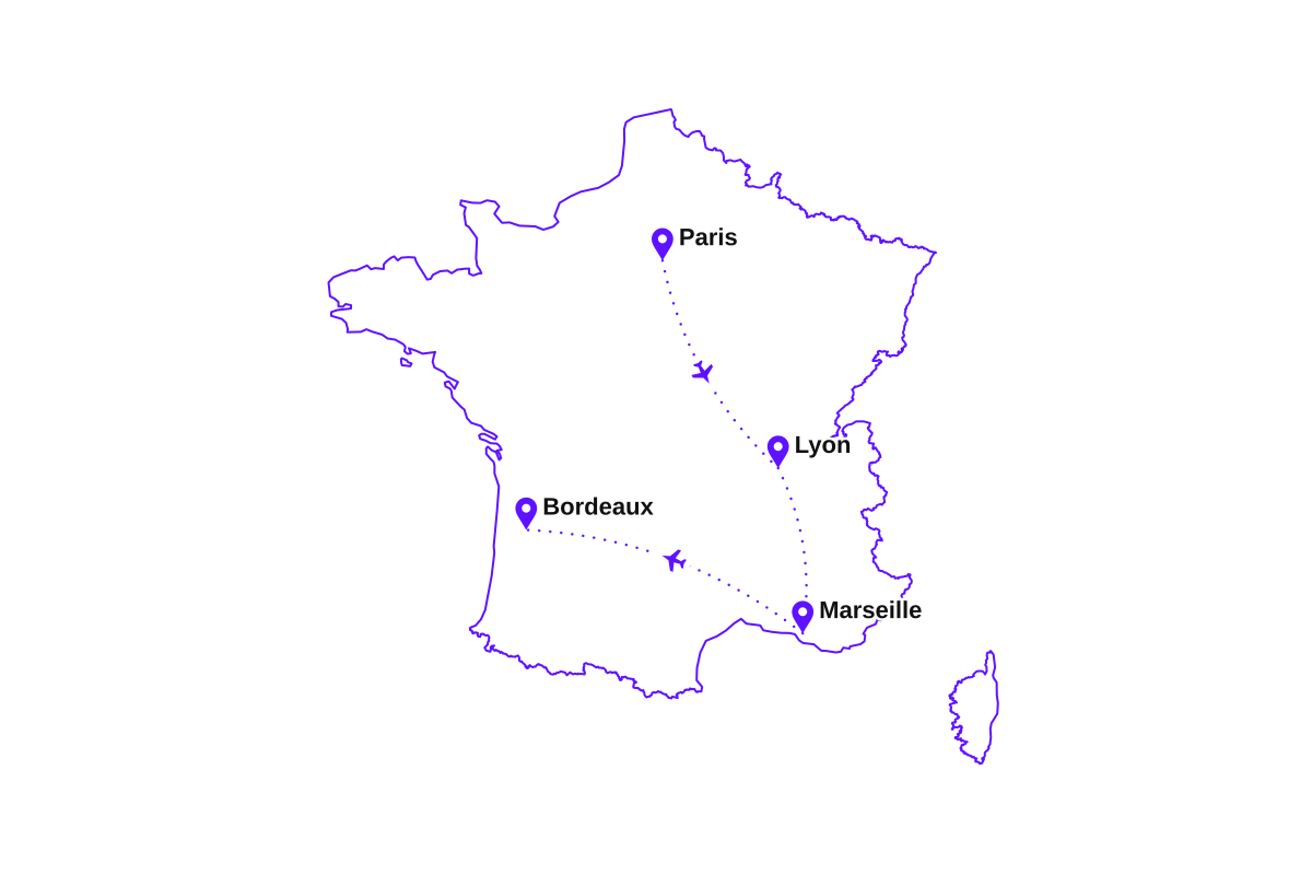 Map of my two-week France route: Paris, Lyon, Marseille, and Bordeaux.