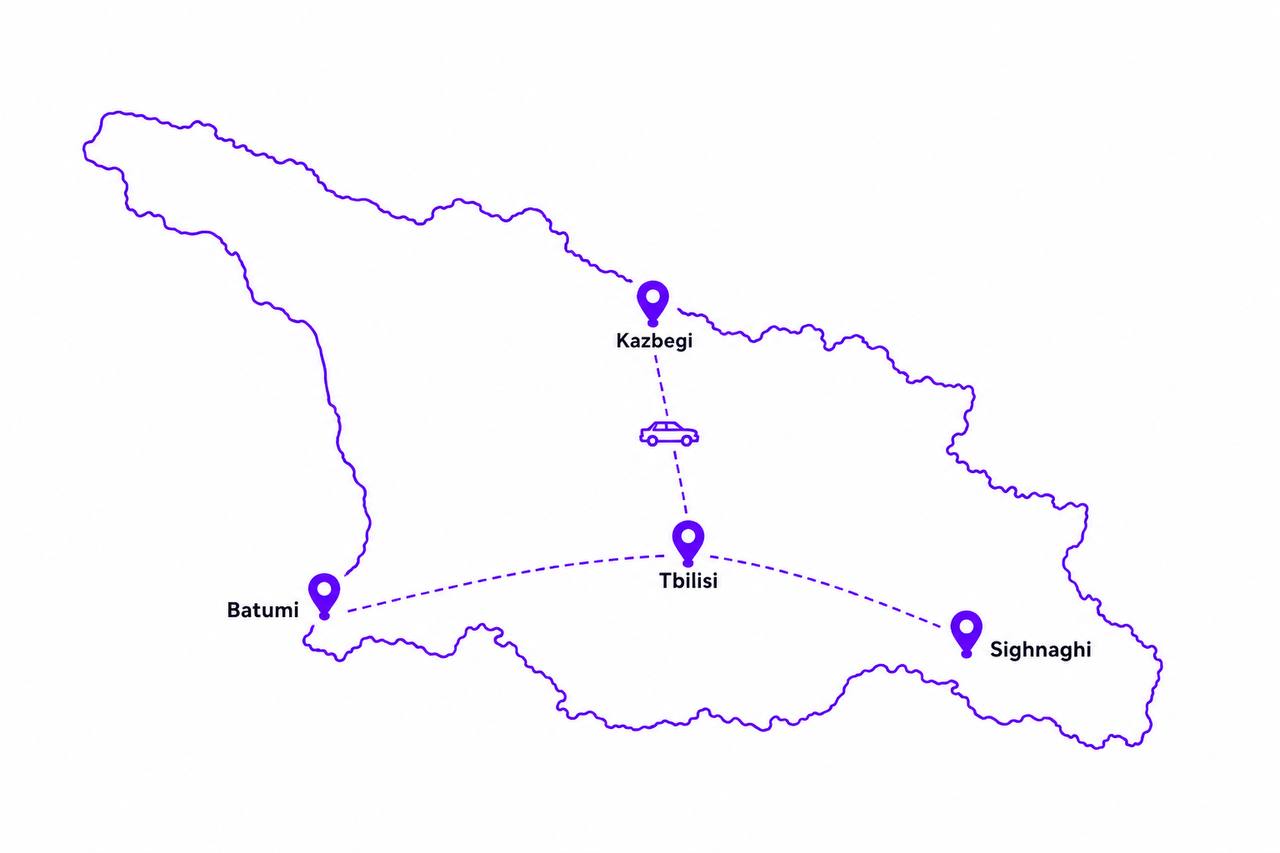 Map of my two-week Georgia route: Tbilisi, Kazbegi, Batumi, and Sighnaghi.