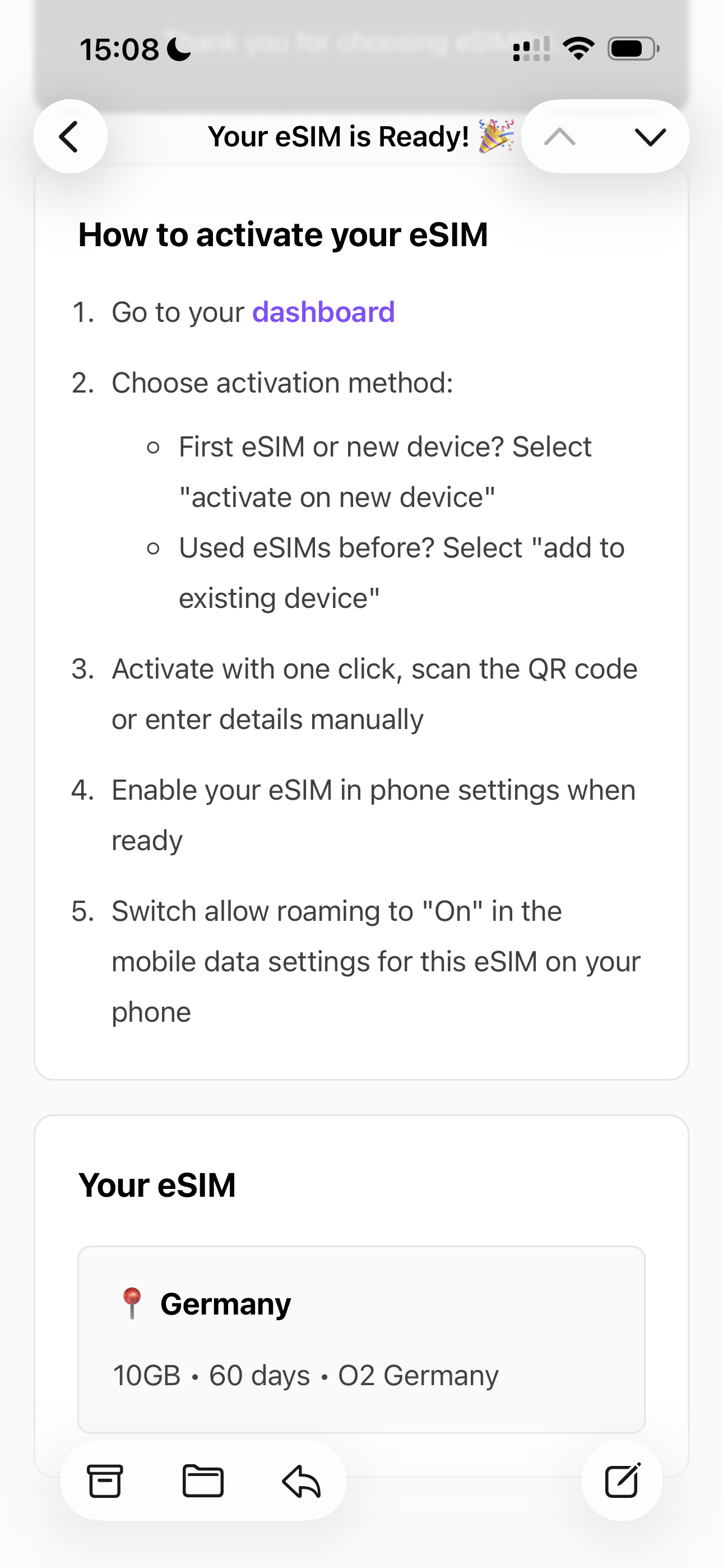 eSIMPal “Your eSIM is Ready” email showing a Germany 10GB plan on O2 Germany and activation steps