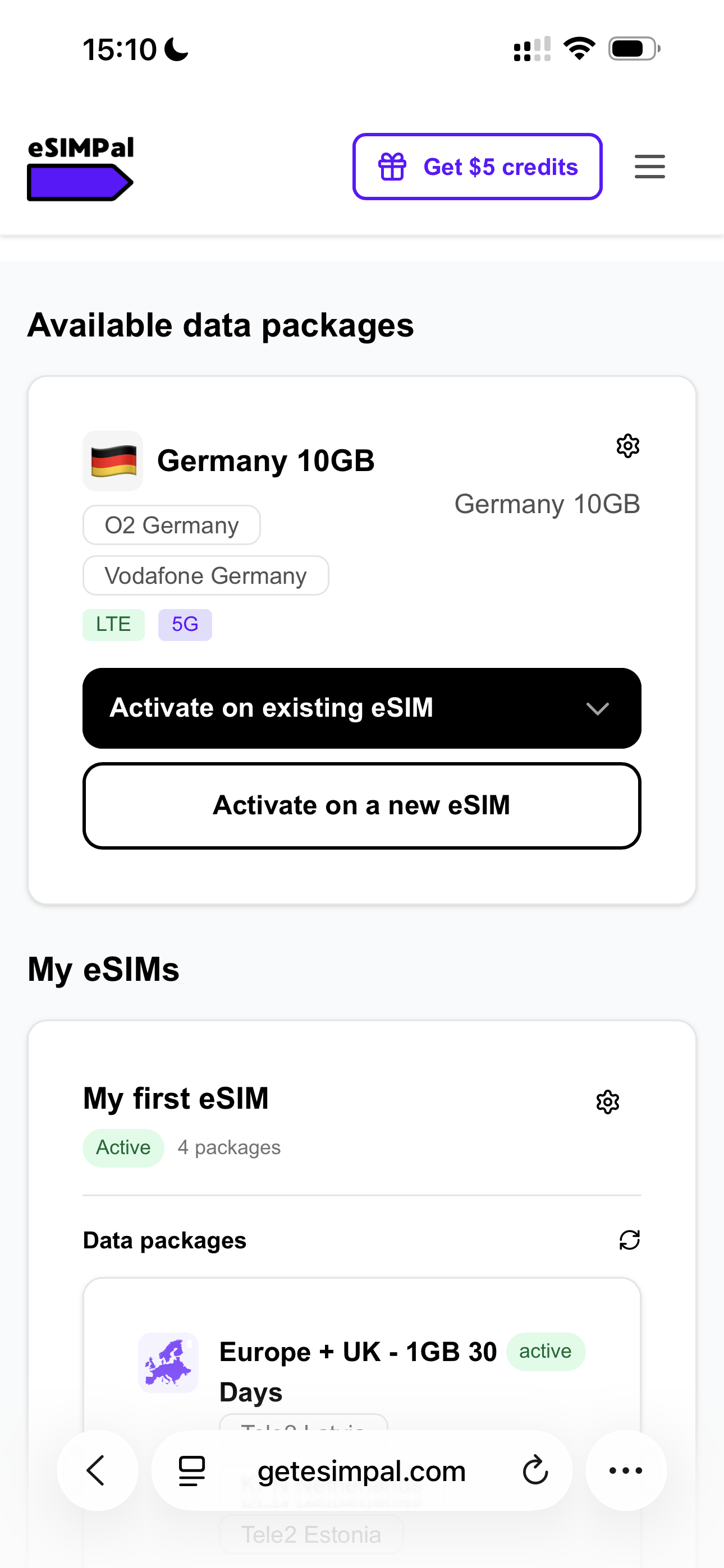 eSIMPal dashboard showing a Germany 10GB package on O2 and Vodafone Germany with activate buttons