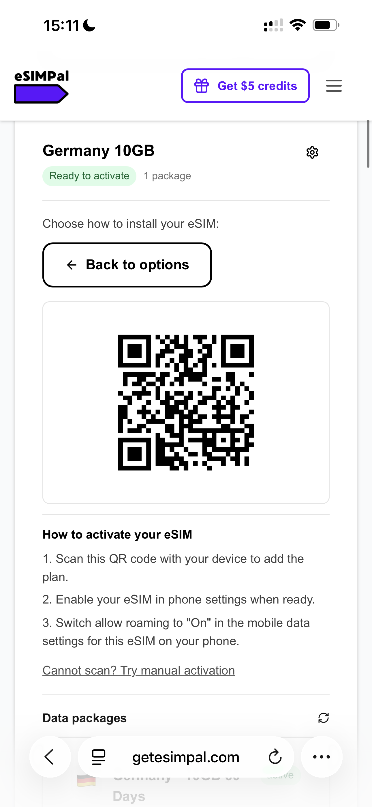 eSIMPal QR code screen to install the Germany eSIM, with a manual activation option