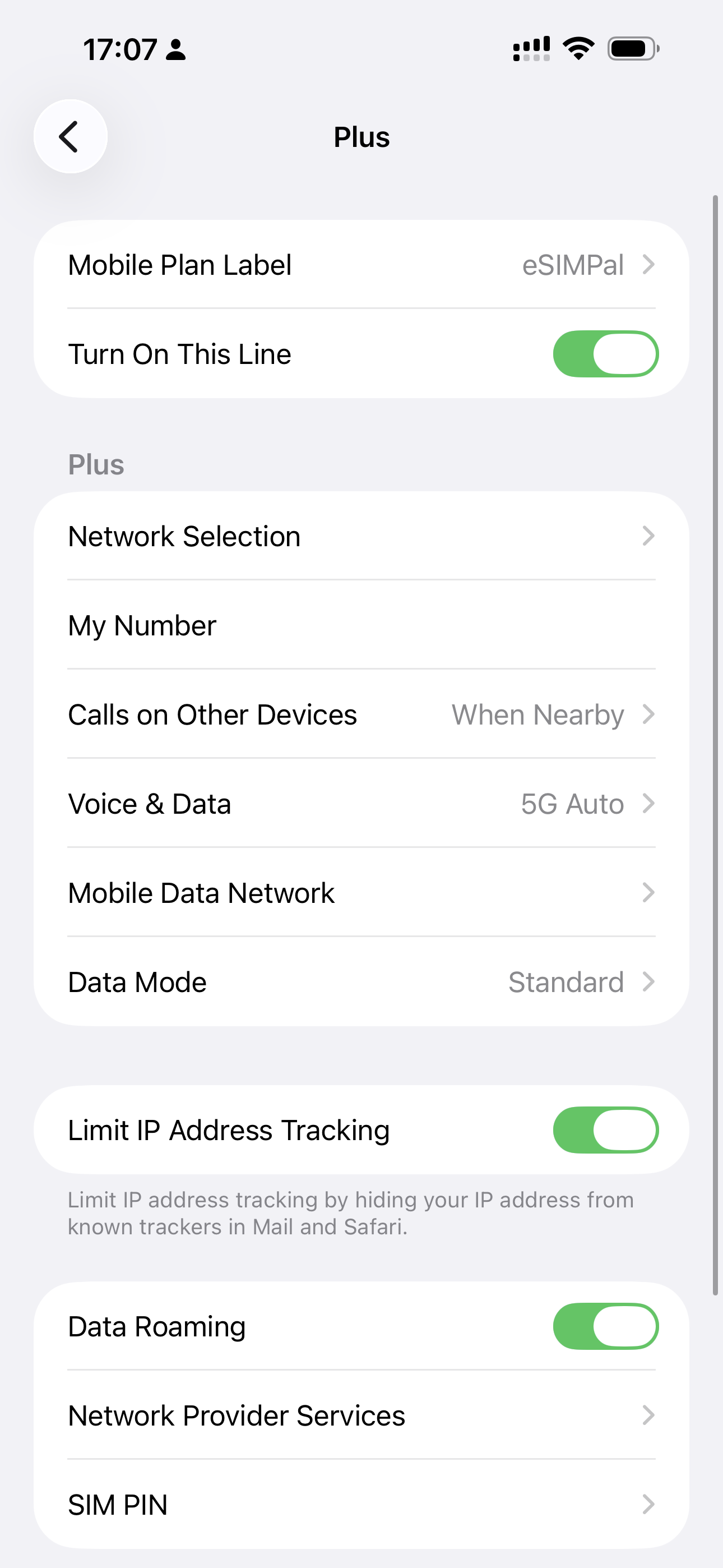 iPhone cellular settings with Data Roaming turned on for the eSIMPal eSIM