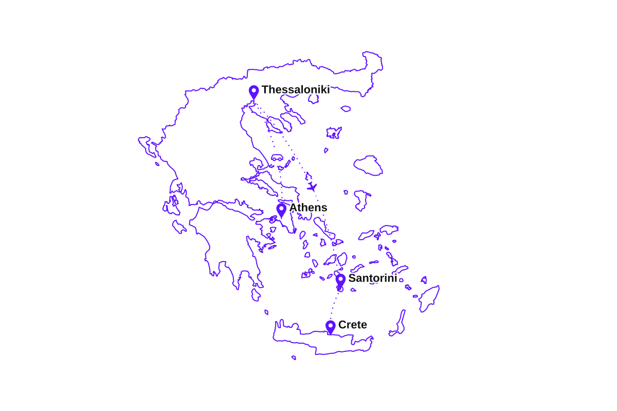 Map of my two-week Greece route: Athens, Thessaloniki, Santorini, and Crete.