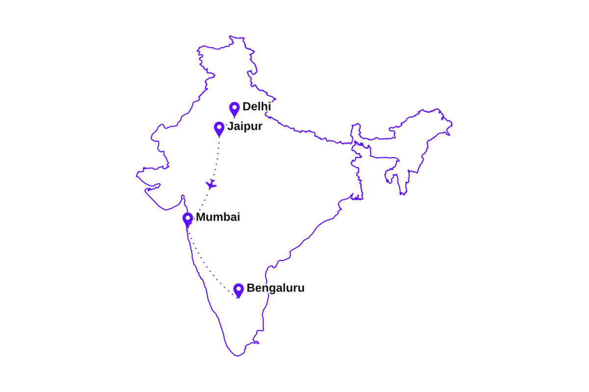 Map of my India route: Delhi, Jaipur, Mumbai, and Bengaluru.