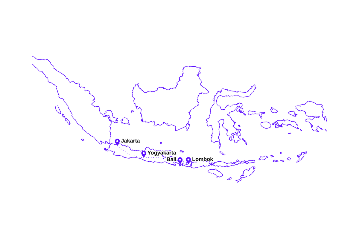 Map of my three-week Indonesia route: Jakarta, Yogyakarta, Bali, and Lombok.