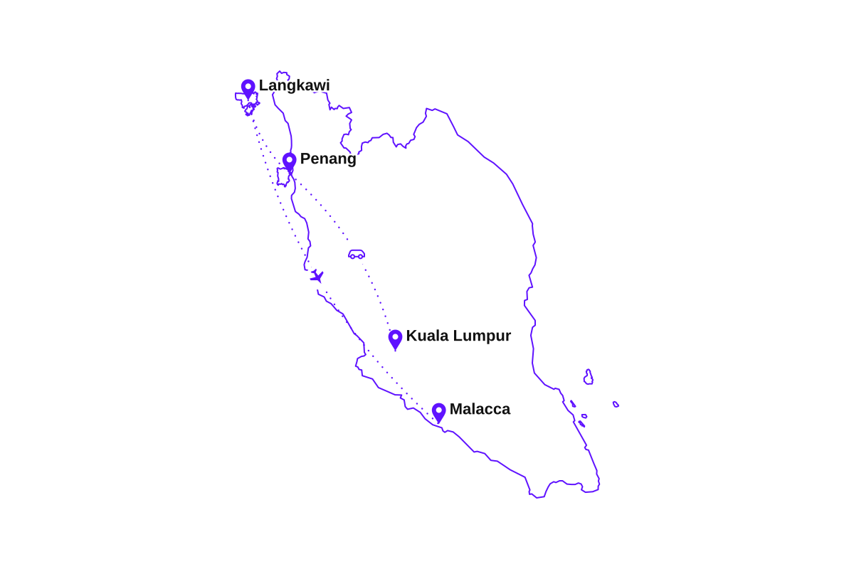 Map of my two-week Malaysia route: Kuala Lumpur, Penang, Langkawi, and Malacca.