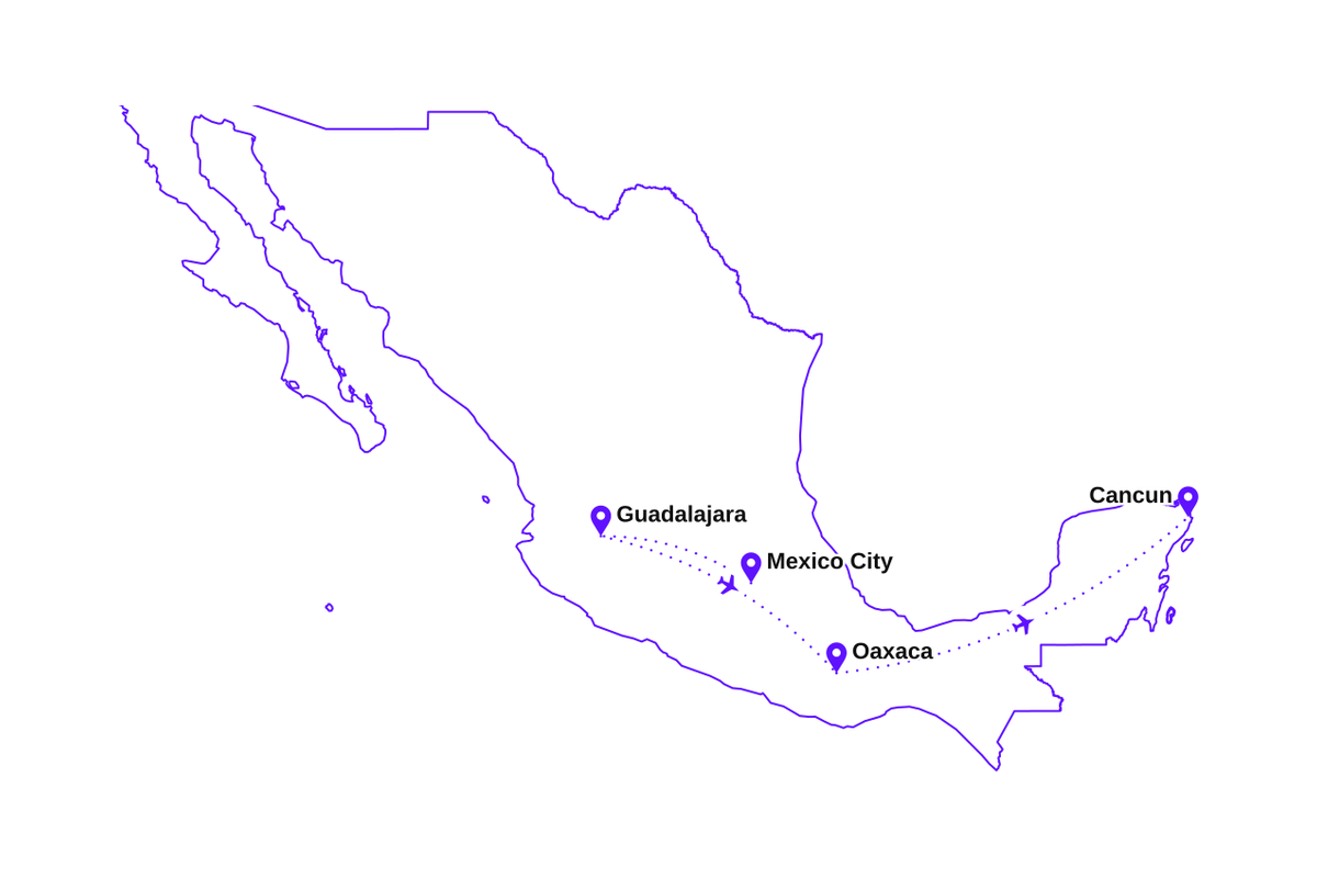 Map of my two-week Mexico route: Mexico City, Guadalajara, Oaxaca, and Cancun.