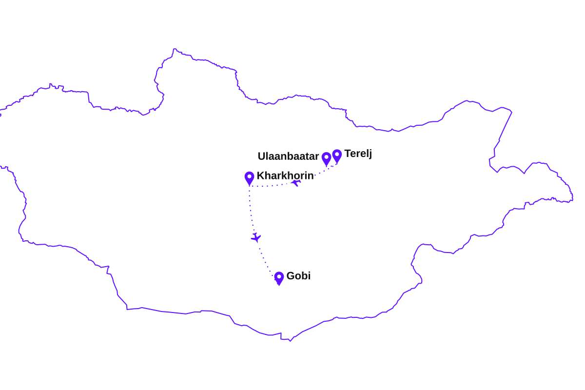 Map of my Mongolia route: Ulaanbaatar, the Terelj valley, Kharkhorin, and the Gobi.