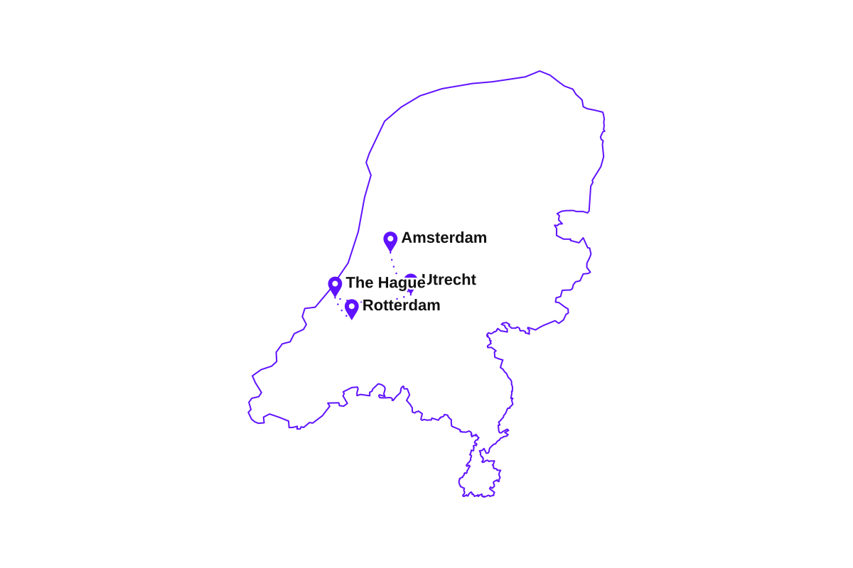 Map of my Netherlands route: Amsterdam, Utrecht, The Hague, and Rotterdam.