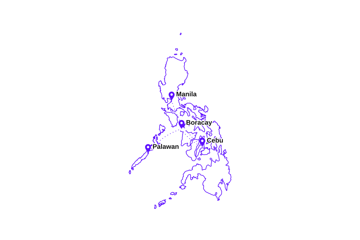 Map of my two-week Philippines route: Manila, Cebu, Boracay, and Palawan.