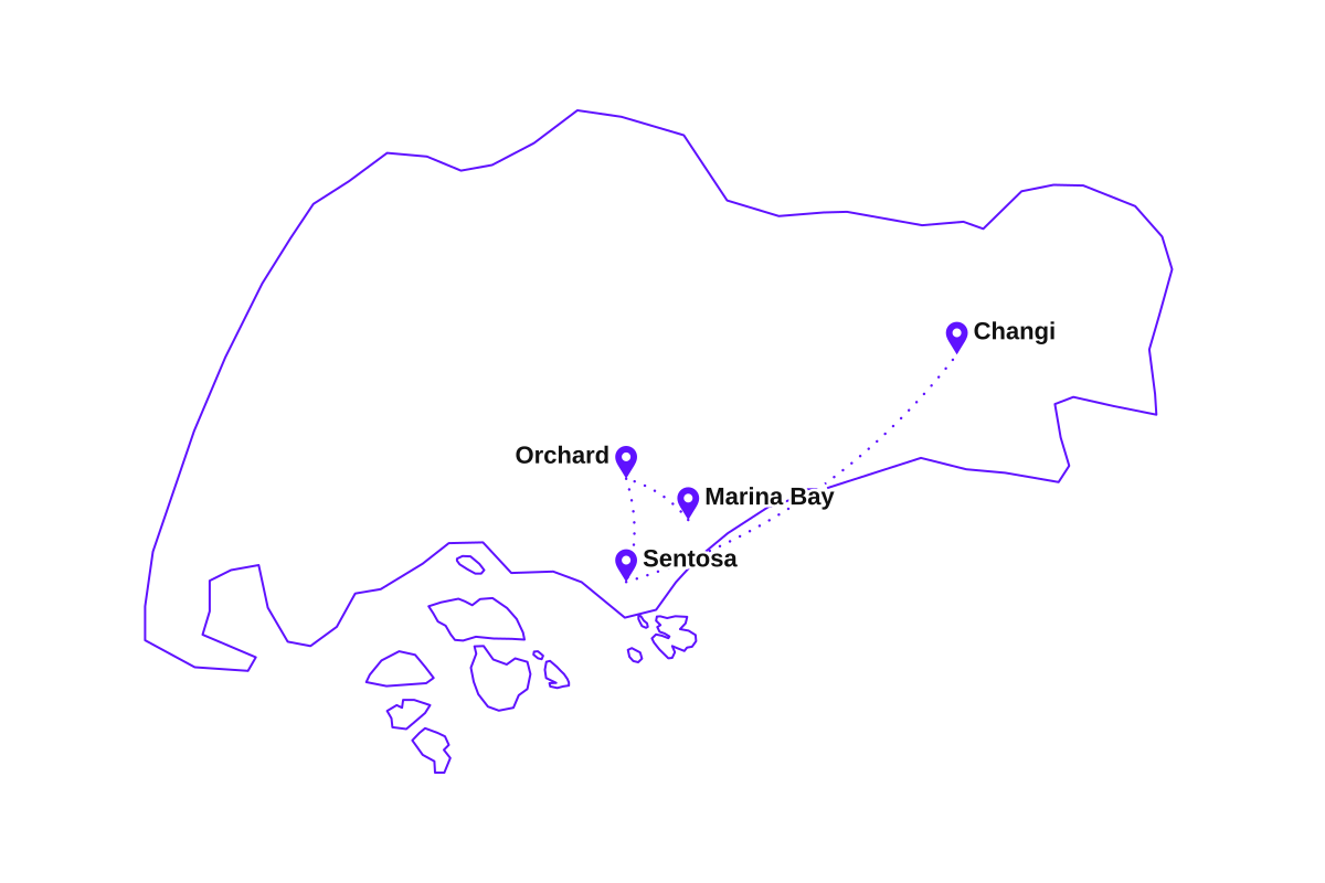 Map of my Singapore route: Changi, Marina Bay, Orchard, and Sentosa.