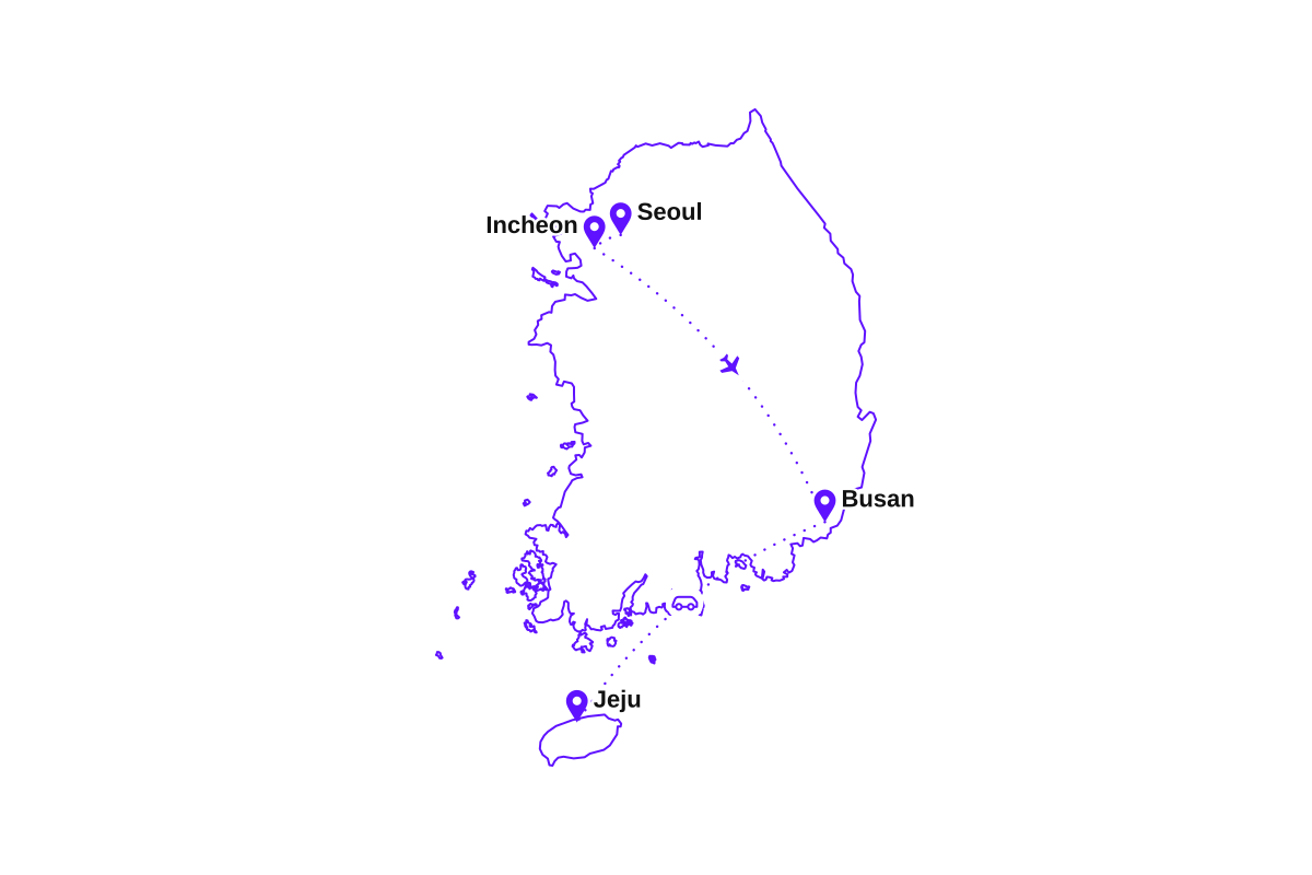 Map of my South Korea route: Seoul, Incheon, Busan, and Jeju.