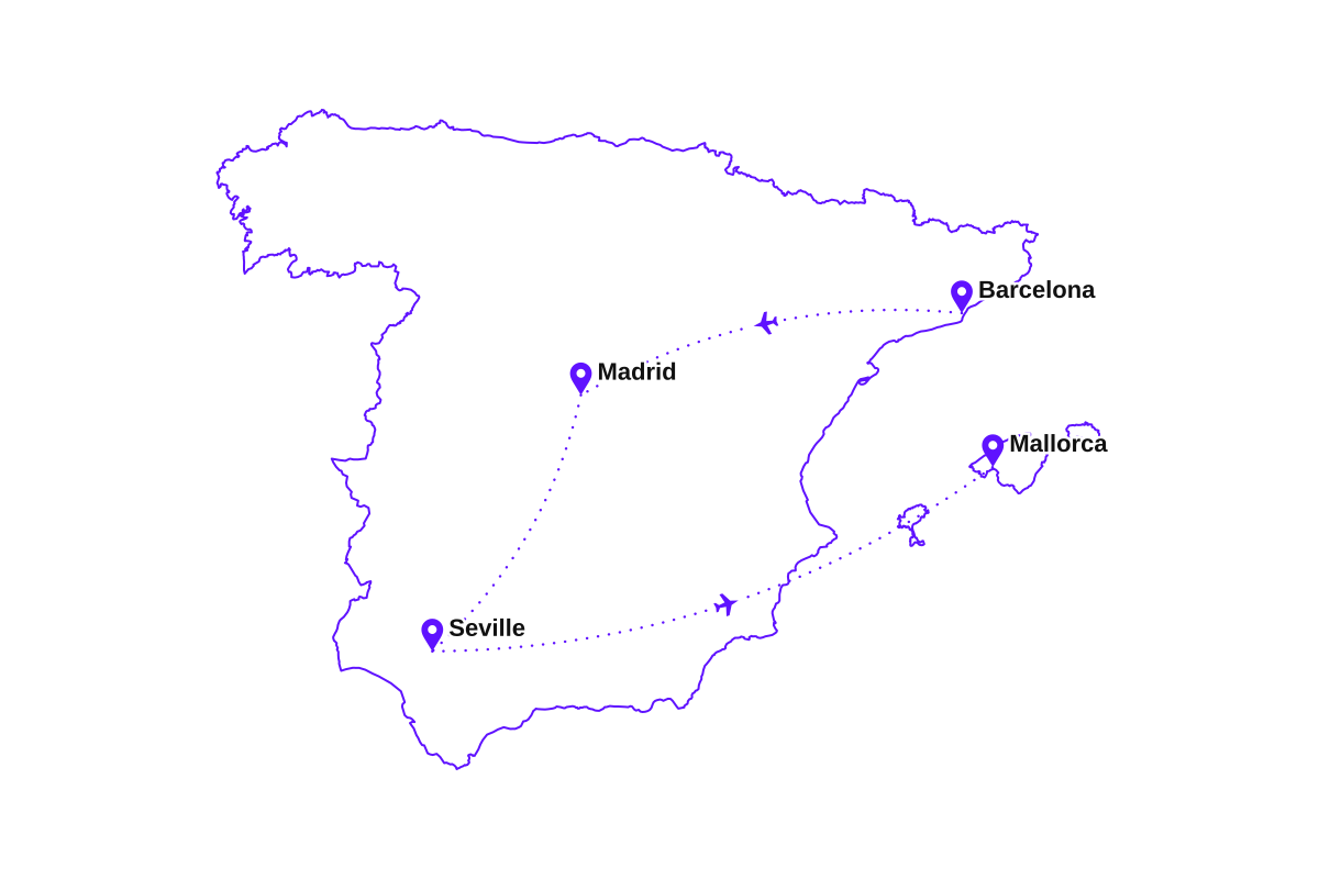Map of my Spain route: Barcelona, Madrid, Seville, and Mallorca.