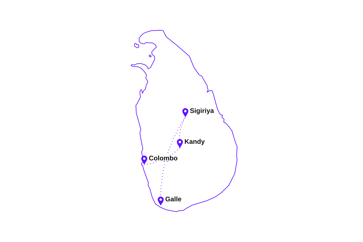 Map of my two-week Sri Lanka route: Colombo, Kandy, Sigiriya, and Galle.