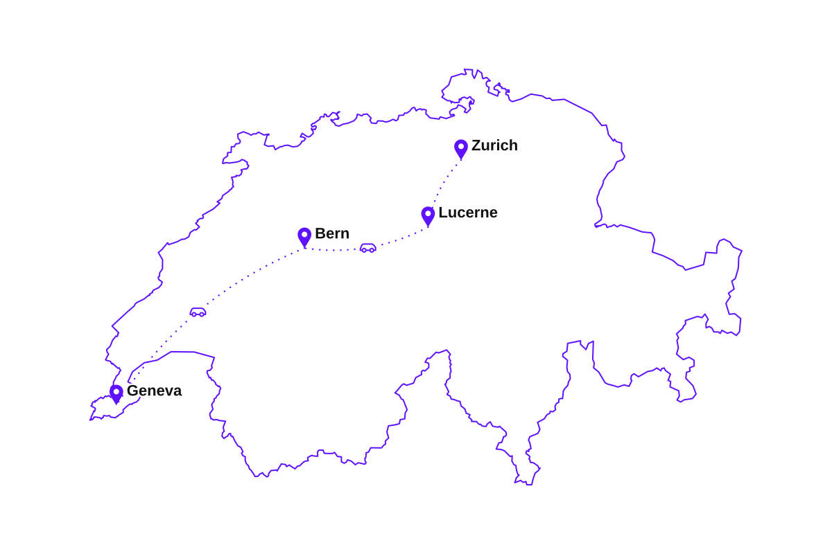 Map of my ten-day Switzerland route: Zurich, Lucerne, Bern, and Geneva.