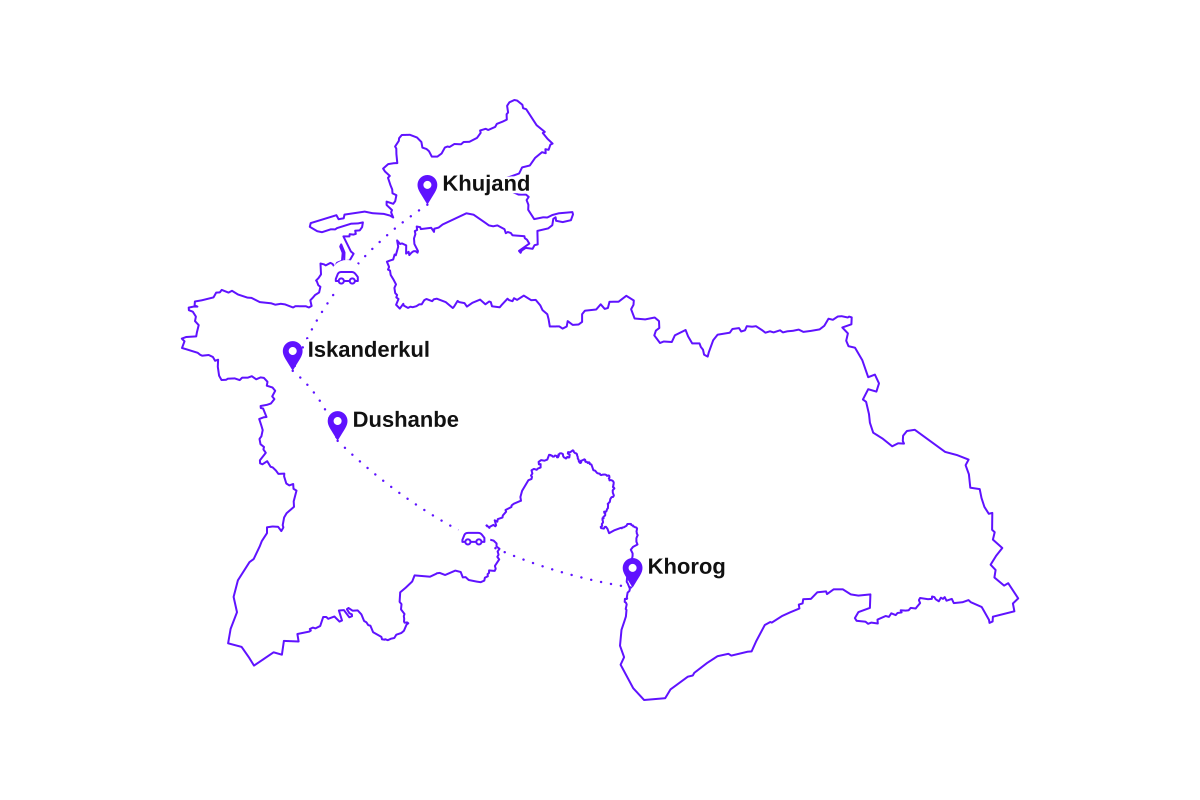 Map of my Tajikistan route: Khujand, Iskanderkul, Dushanbe, and Khorog on the Pamir Highway.