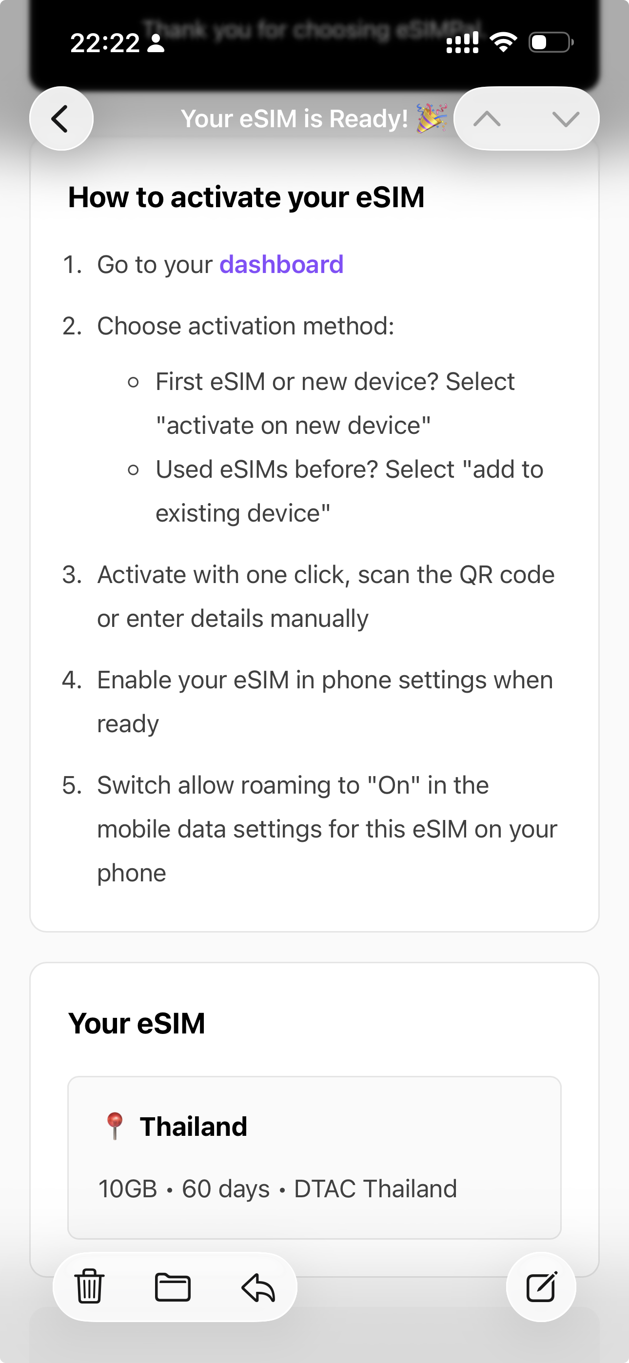 eSIMPal “Your eSIM is Ready” email showing a Thailand 10GB DTAC plan and activation steps