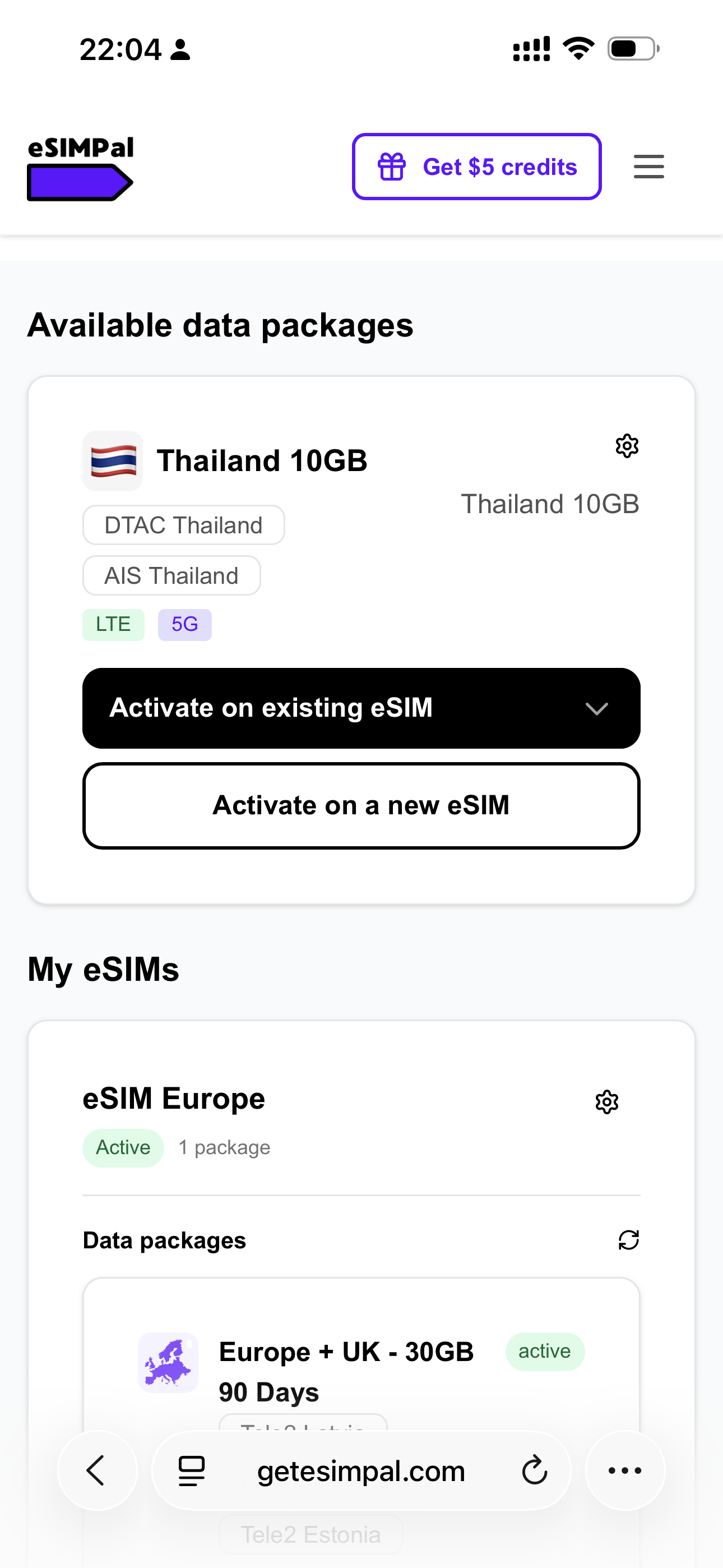 eSIMPal dashboard showing the Thailand 10GB DTAC and AIS package with activate buttons