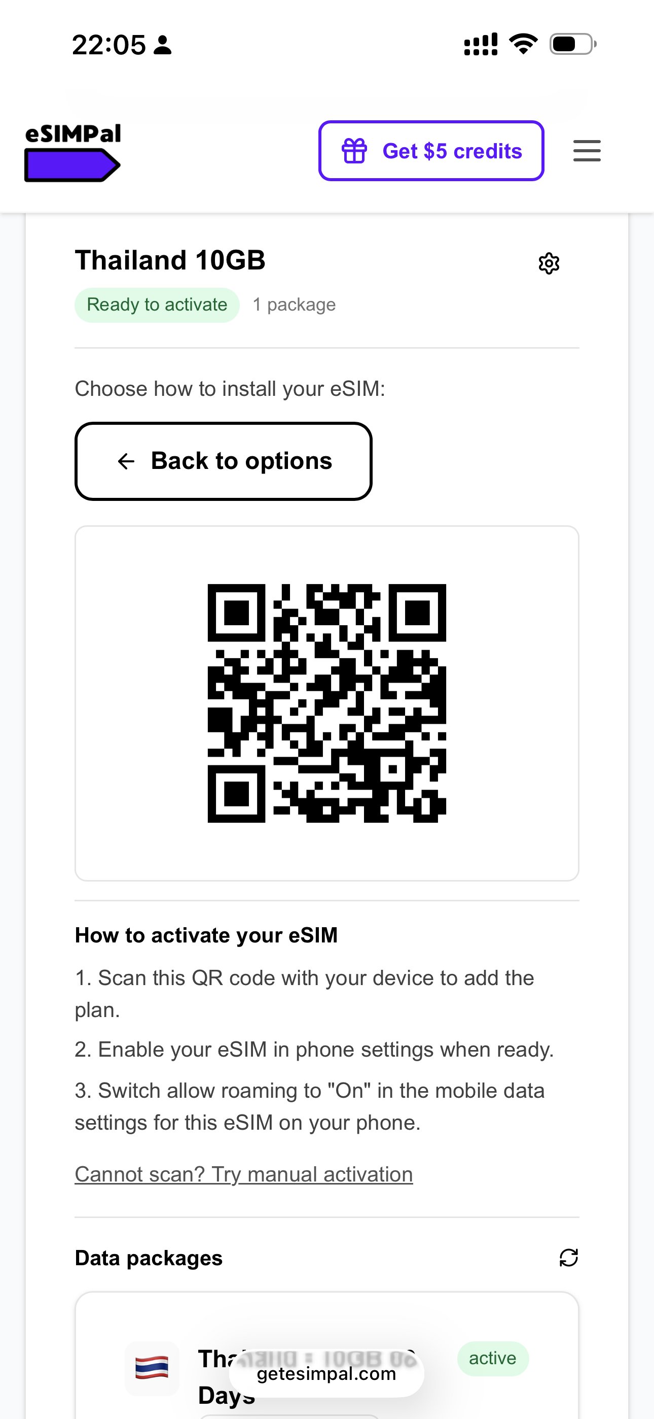eSIMPal QR code screen to install the Thailand eSIM, with a manual activation option