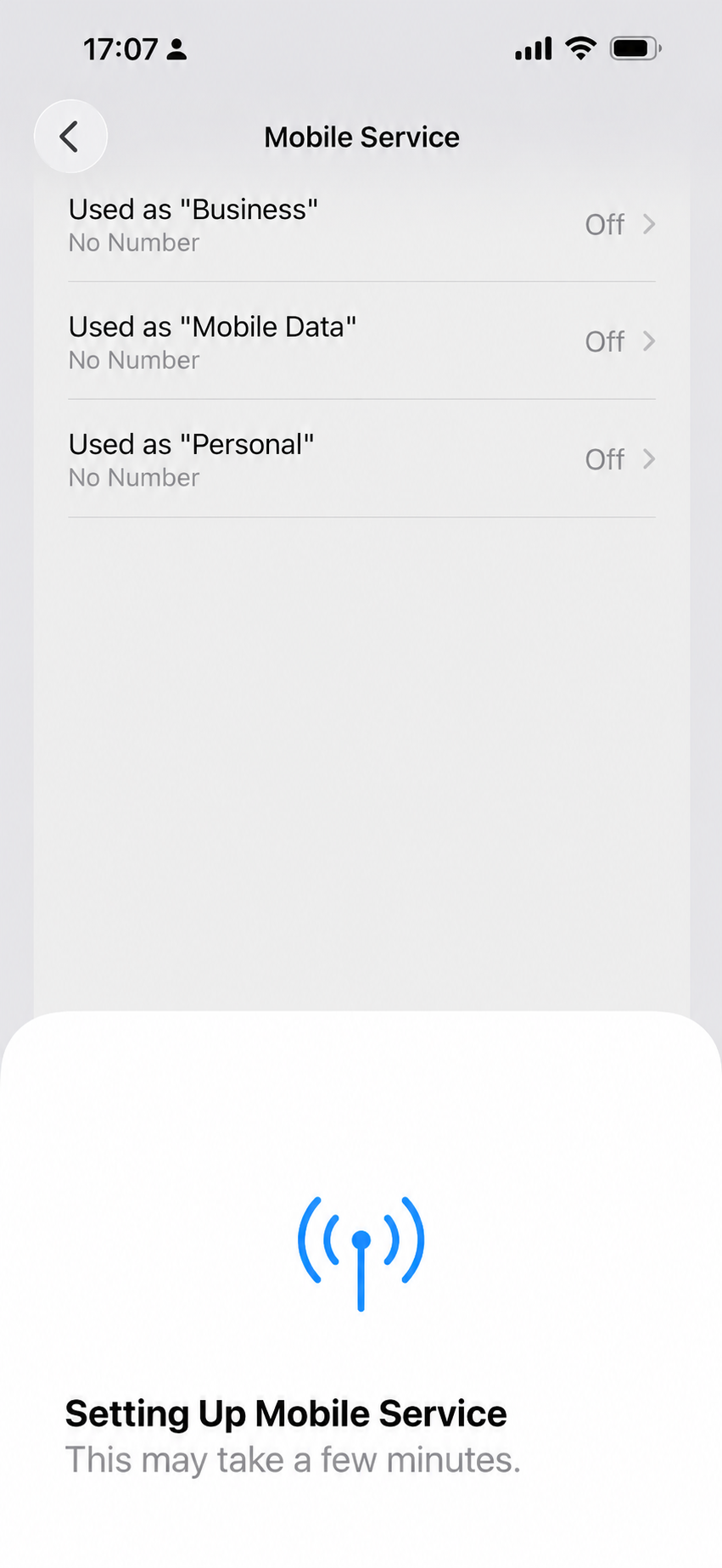 iPhone “Setting Up Mobile Service” screen while installing the eSIMPal Thailand eSIM