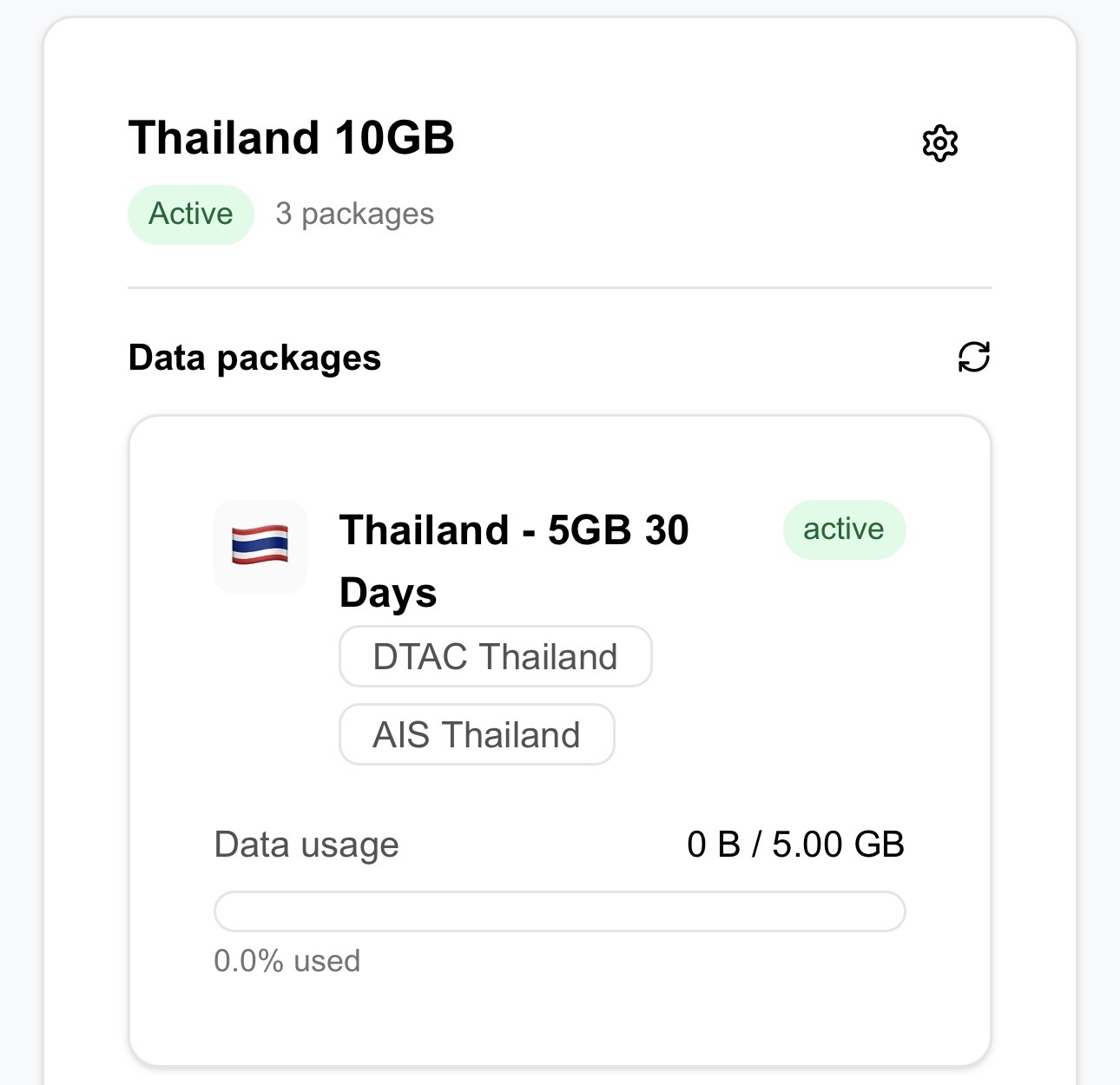 eSIMPal app at the start: a single Thailand 10GB plan, 0% used