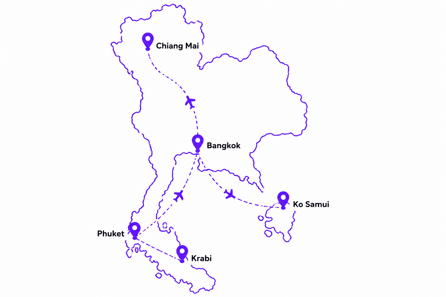 Map of the Thailand test route: Bangkok, Chiang Mai, Phuket, Ko Samui, and Krabi