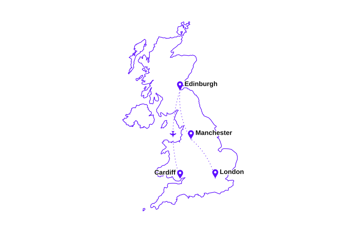 Map of my two-week UK route: London, Cardiff, Manchester, and Edinburgh.