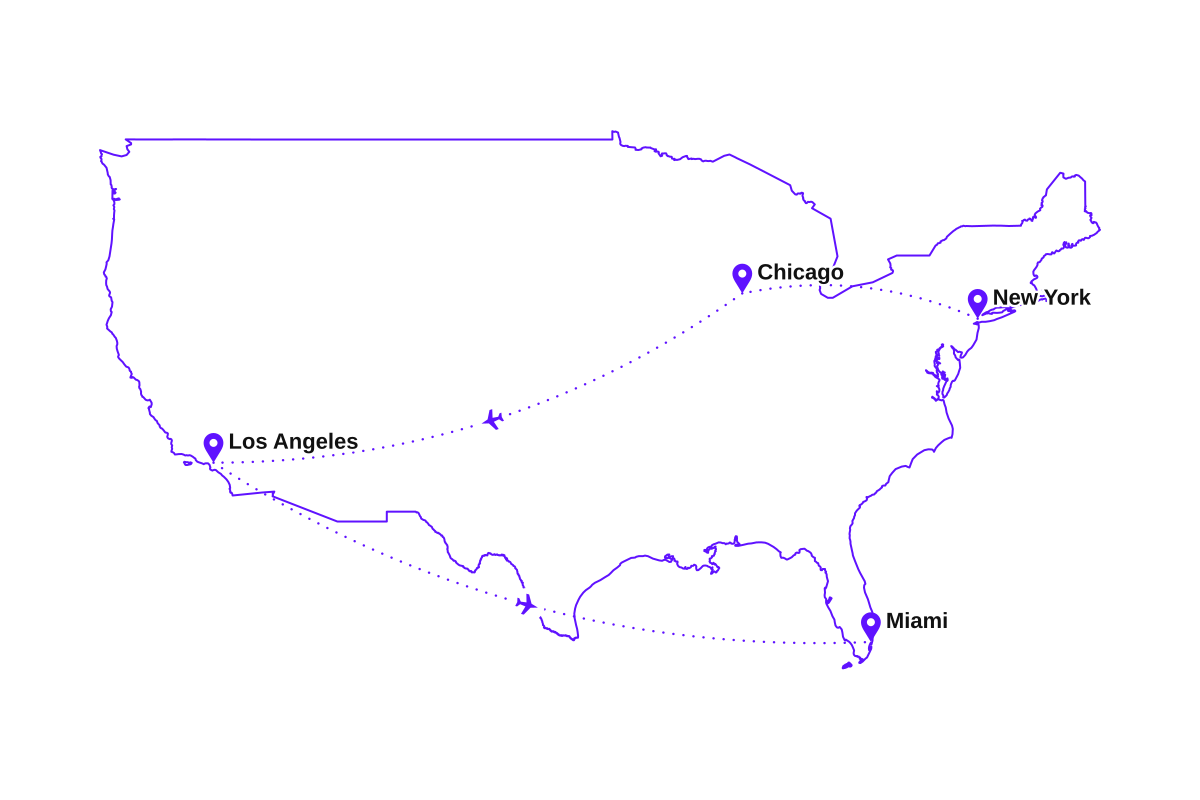 Map of my cross-country US route: New York, Chicago, Los Angeles, and Miami.