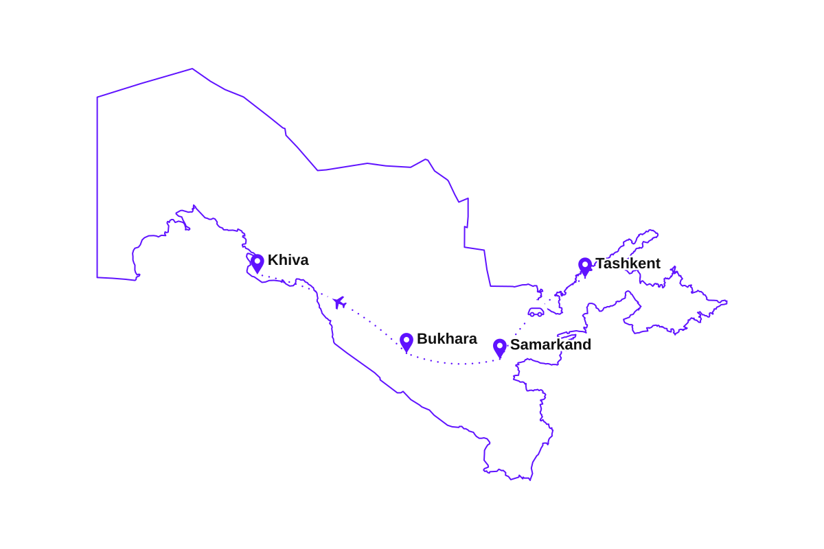 Map of my Uzbekistan route: Tashkent, Samarkand, Bukhara, and Khiva along the Silk Road.
