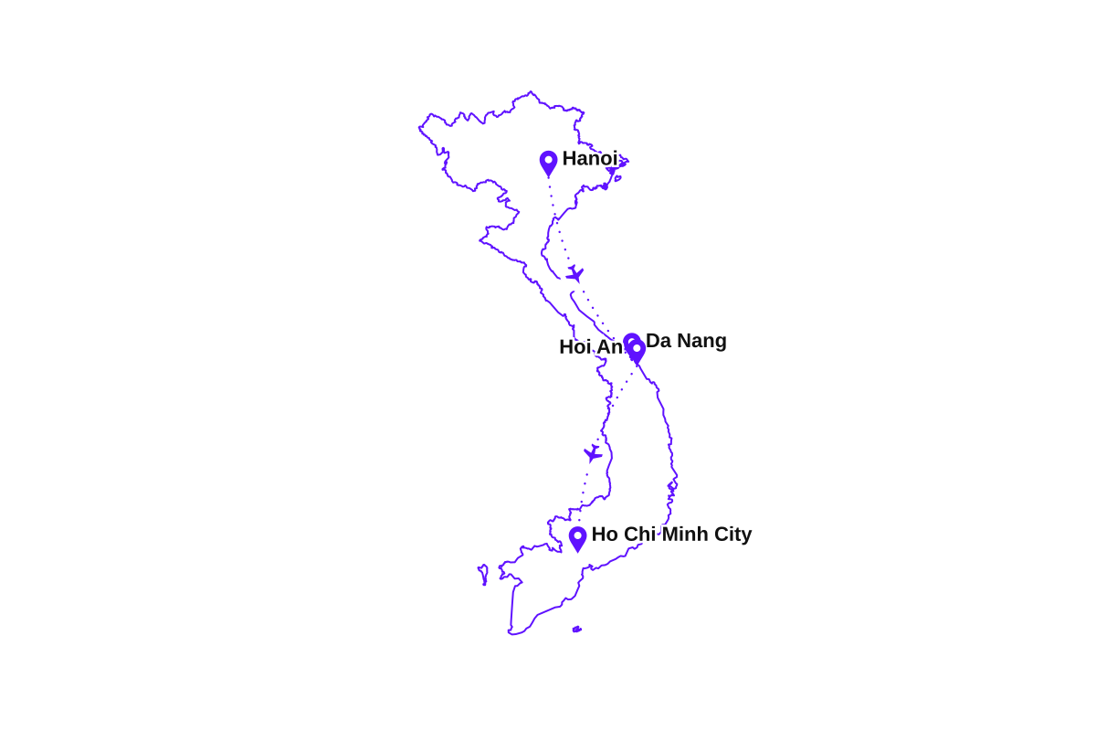Map of my two-week Vietnam route: Hanoi, Da Nang, Hoi An, and Ho Chi Minh City.