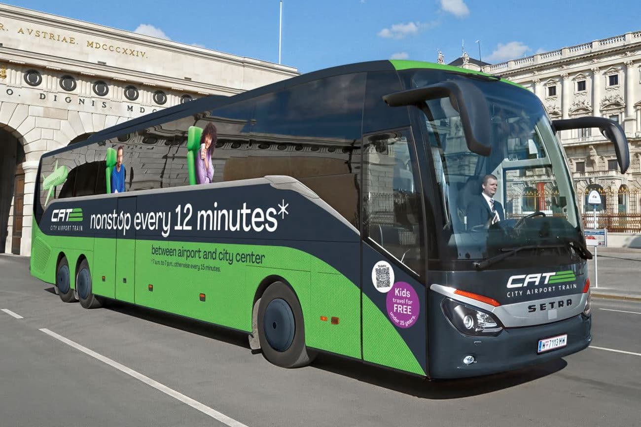The CAT City Airport Train replacement bus, a green Setra coach